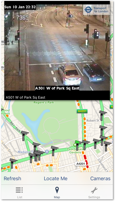 UK Roads iOS Traffic App Camera Screen